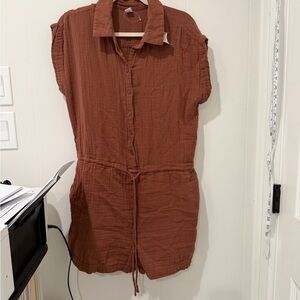 Rust Brown Button-Front Gauze Romper